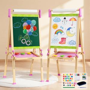 Doselie Easel for Kids,Adjustable Wooden Kids Art Easel with Paper Roll,Double-Sided Magnetic Toddler Easels,Dry Erase Whiteboard and Chalk Board,Toys for 3 4 5 6 7 8 9 10 Year Old Girl Boy Gift, 18.5 inches