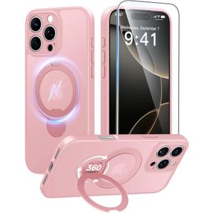 FNTCASE for iPhone 16 Pro-Max Case: [360 Spin Magnetic Stand] [Compatible with Magsafe] [Screen Protector] Translucent Matte Military Grade Shockproof Full Camera Protective Phone Cover - Pink