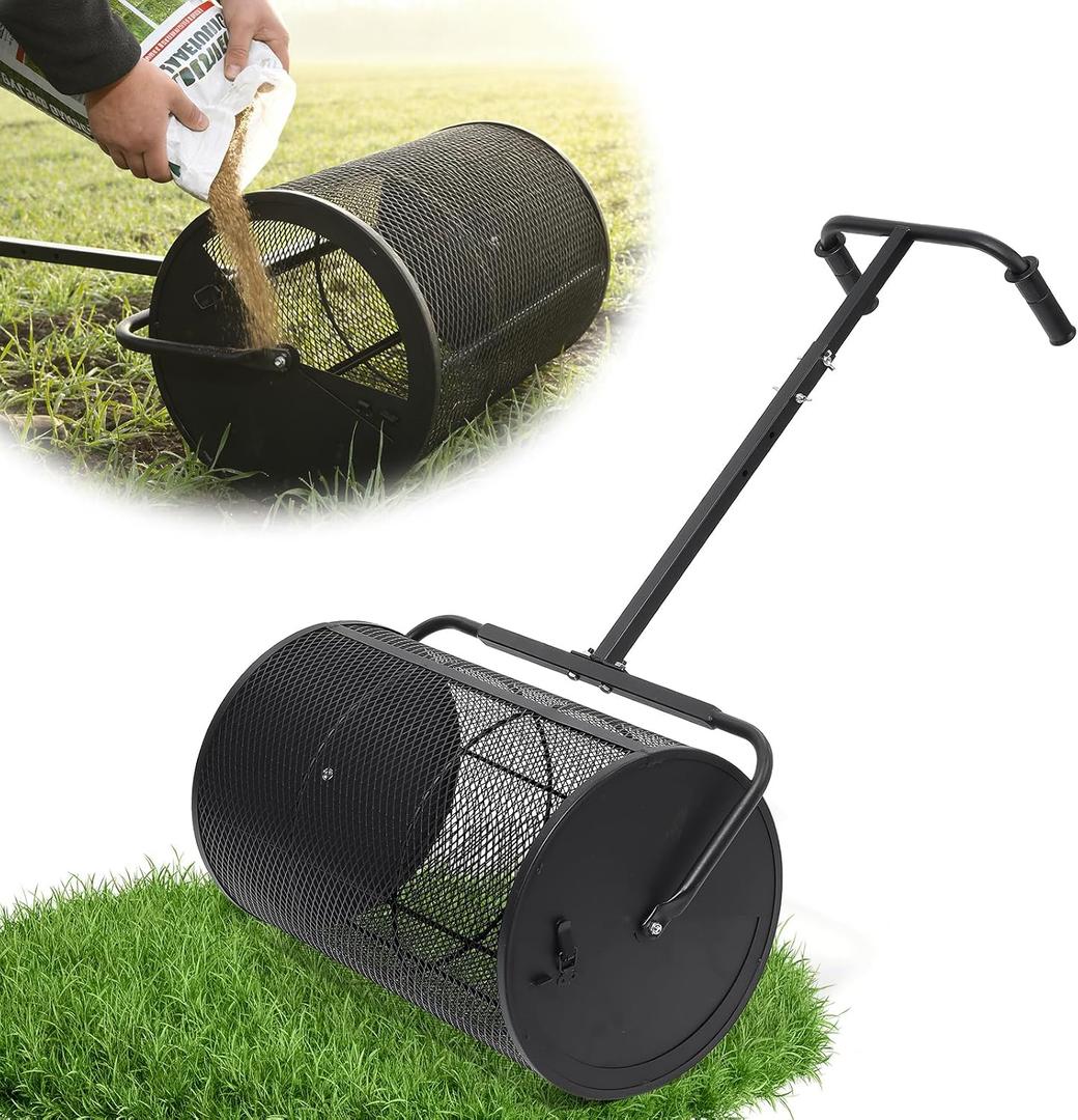 Compost Spreader 24in Peat Moss Spreader - U Shaped Comfortable Handle & Adjustable Height Powder-Coated Metal Mesh Hand Fertilizer Spreader for Garden Yard Lawn Care (Matte Black)