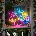 Easter Bunny Cross Neon Signs for Wall Decorations, LED Easter Rabbit Egg Basket Lights Gifts Christian Wall Art USB Dimmable, Colorful Neon Window Lights for Party Bedroom Office Door Bar Church, 15.7 inches by 17.7 inches