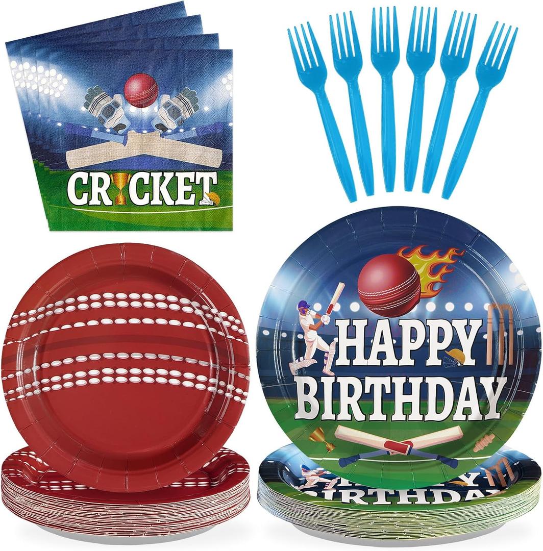 96Pcs Cricket Birthday Party Decoration Sports Theme Ball Plates and Napkins Blue Red Cricket Disposable Paper Tableware Set for Adults Kids Boys Girls Birthday Party Supplies Serves 24
