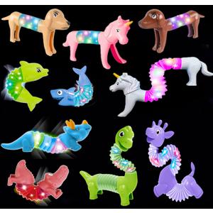 10PCS LED Animal Pop Tubes Fidget Toys, Sensory Stress Relief Toys for Autism, Goodie Bag Stuffers for Kids, Treasure Box Toys & Classroom Prizes, Party Favors for Kids 3-5