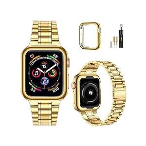 MioHHR Solid Stainless Steel Band Compatible with Apple Watch 44mm(Series 6/5/4/SE), 42mm (Series 3/2/1), Metal Strap with Soft TPU Case for iWatch Bands for Women and Men, Gold