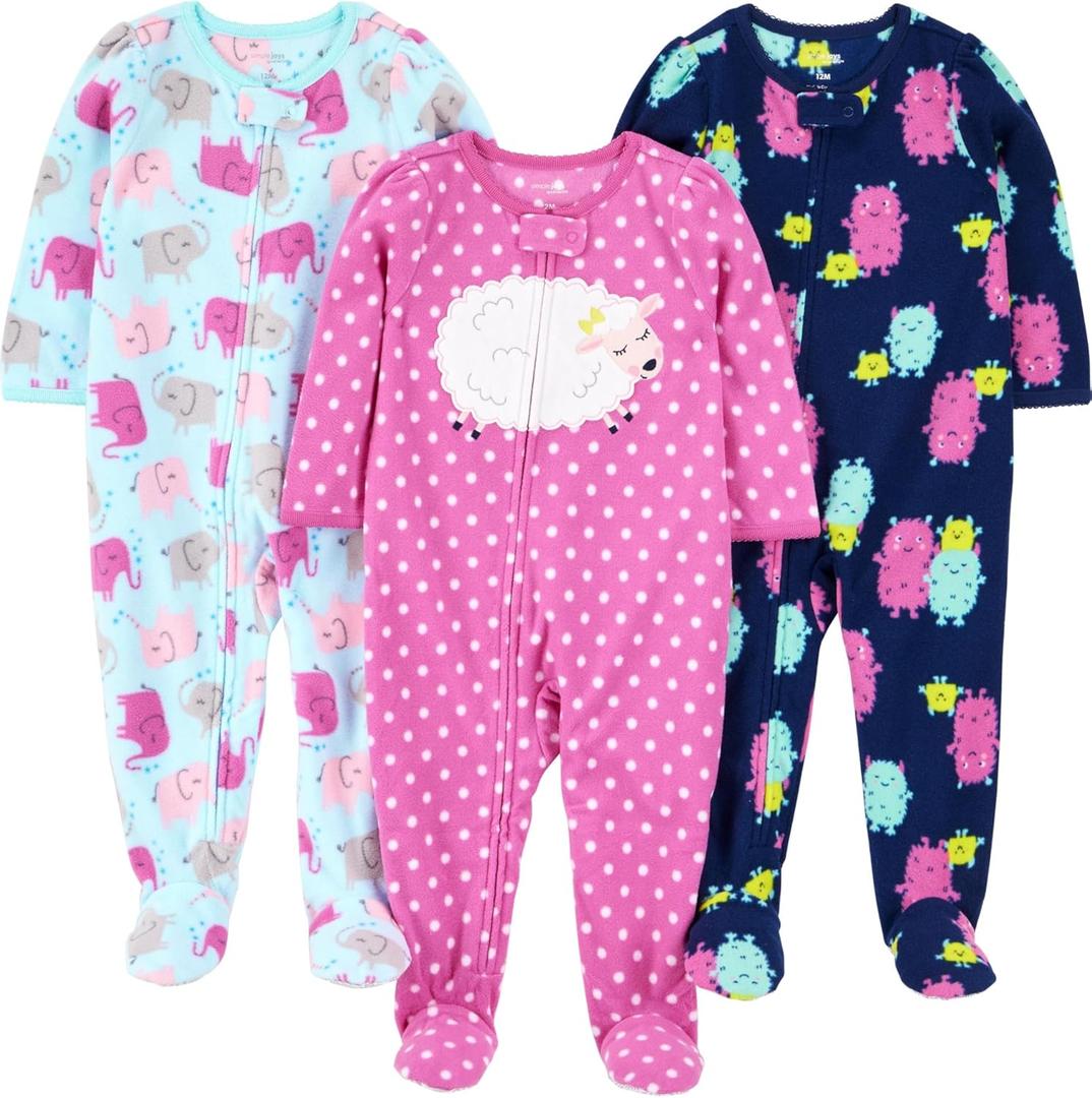 Simple Joys by Carter's girls Loose-Fit Flame Resistant Fleece Footed Pajamas (2T, Blue Elephant/Navy Monster/Pink Dots)