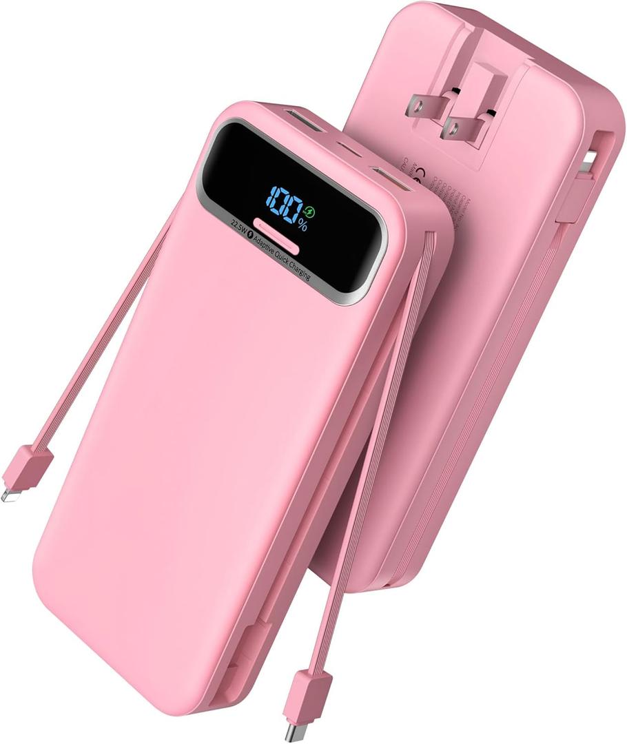 Portable Charger Power Bank with Built in Cables and AC Wall Plug,PD20W&SCP22.5W USB-C Super Fast Charging,20000mAh Travel Phone Charging,LED Display Battery Pack Compatible All iPhone Samsung etc (Pink)
