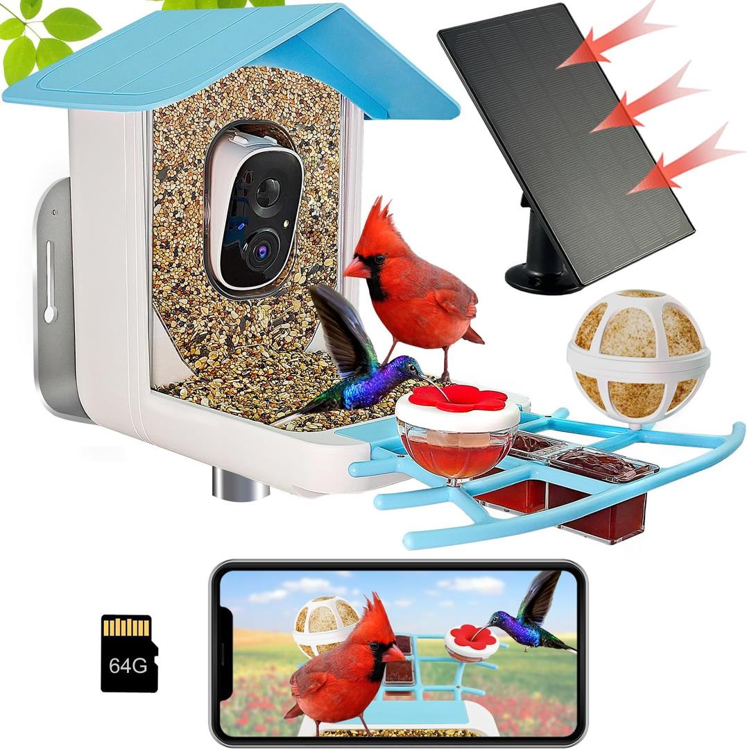 64GB Smart Bird Feeder with Camera Solar Powered, 2K 3MP HD Live Video &Playback on Phone, AI Identify 10K+ Aves, 2.4G WiFi Birdhouse Camera Wireless Outdoor House-Bird Watching (Multi)