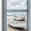 Seascape Beach Decor Wall Art: Ocean Coastal Boat Sea Bird Rustic Wooden Framed Painting Print Seagull Scene Artwork Seaside Relaxing Picture Decor for Bedroom Bathroom Living Room 24x16 Inch