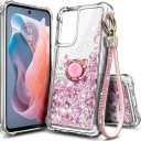 Compatible with Samsung Galaxy A16-5G Phone Case Rose Gold | Bling Sparkly Glitter Floating Liquid Waterfall Cute Cover, Women Girls Kids, Ring Holder Grip Diamond Wrist Strap Lanyard