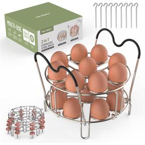Stackable Egg Steamer Rack Holds 18 Eggs with Handles, Stainless Steel Instant Pot Trivet Fits 6qt/8qt Pressure Cooker, 2-in-1 with Skewers for Grilling