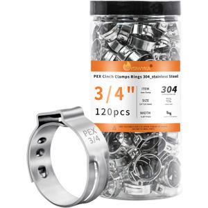 120pcs 3/4 Inch PEX Cinch Clamps Rings, 304 Stainless Steel Single Ear Hose Clamps, Heavy Duty Pex Crimp Rings for PEX Tubing Pipe Fitting Connections