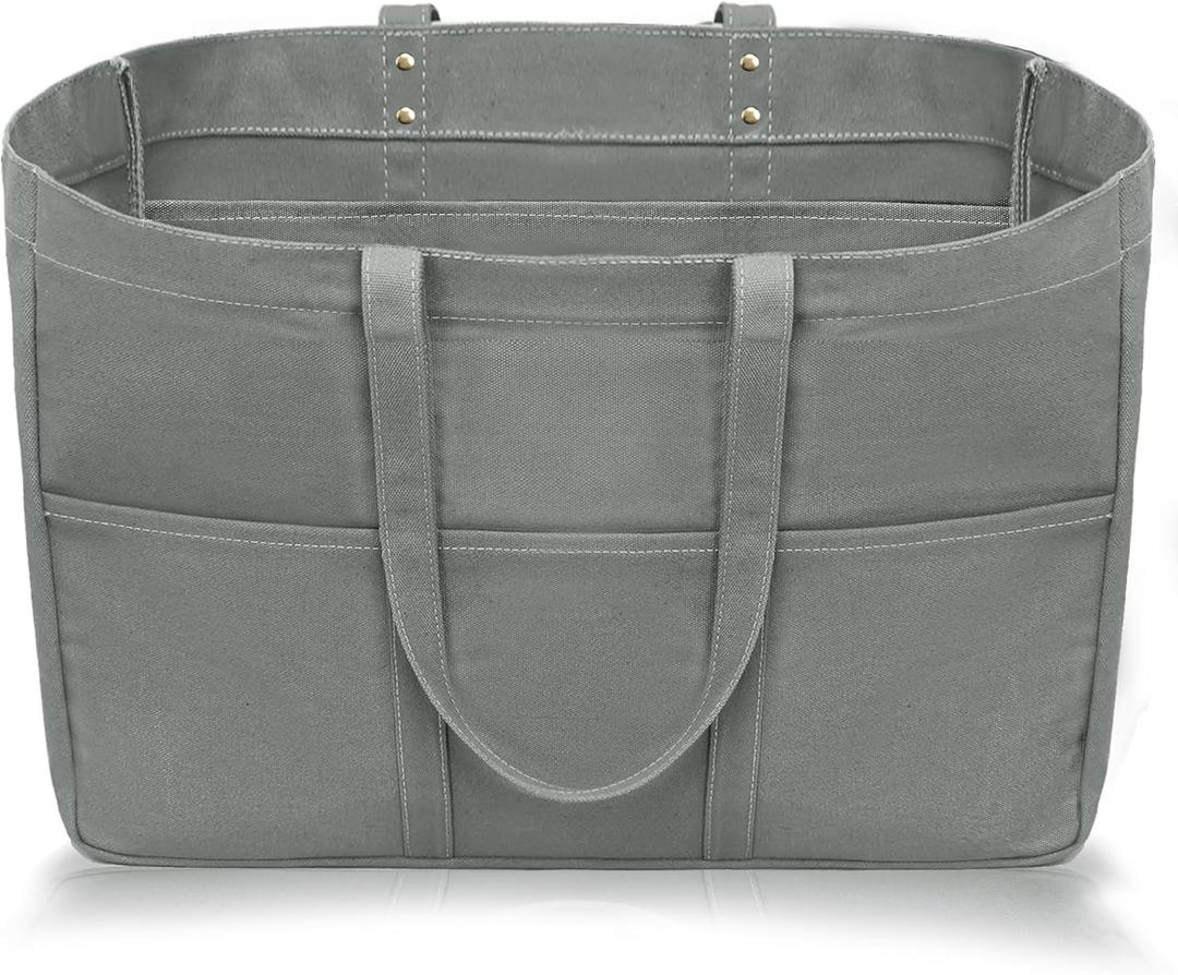 Large Canvas Tote Bag with Multi-Pockets Extra Big Shopping Beach Totes Bags Reusable Grocery Bag (Grey)