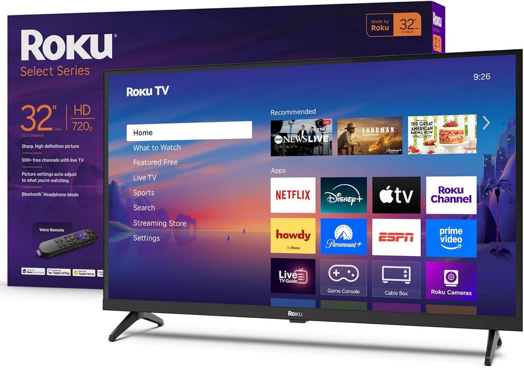 Roku Smart TV  32-Inch Select Series, 720p HD TV  Roku TV with Voice Remote  Flat Screen LED Television with Wi-Fi for Streaming Live Local News, Sports, Family Entertainment