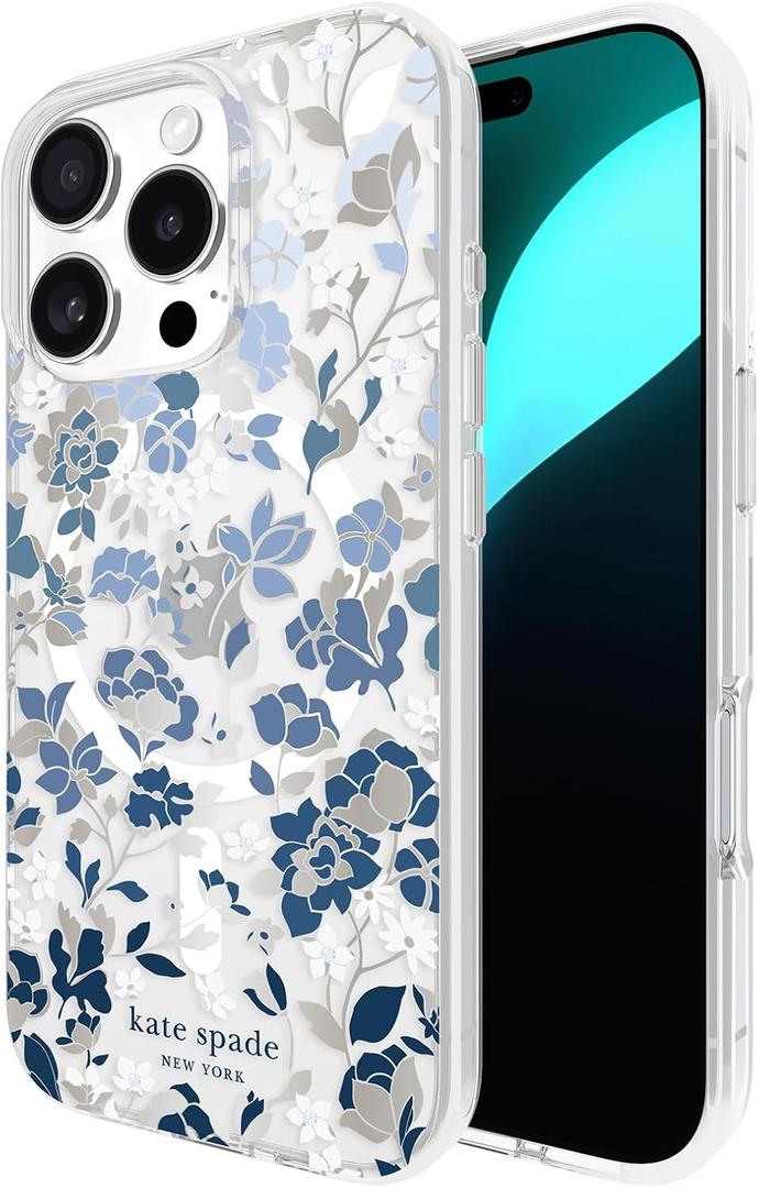 kate spade new york iPhone 16 Pro Case - Compatible with MagSafe - Designer Phone Case - Flowerbed Blue Gems (Flowerbed Blue Gems)