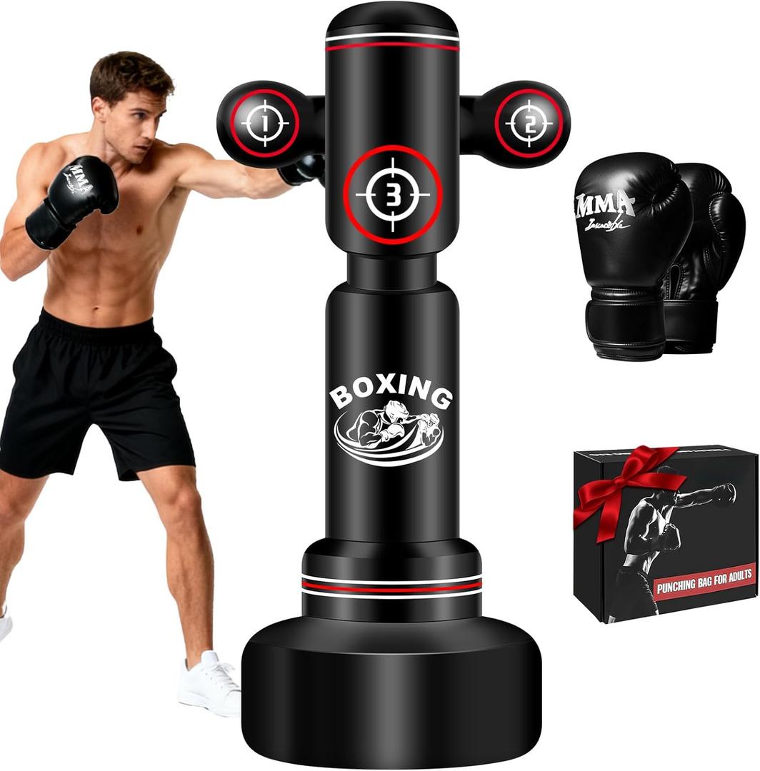 Freestanding Punching Bag with Gloves, 70'' Heavy Boxing Bag with Stand for Adult Teens, Standing Women Men Inflatable Kickboxing Bags for Beginners Training MMA Muay Thai Fitness
