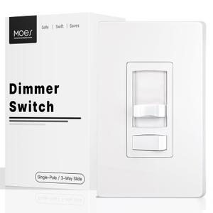 MOES Dimmer Light Switch, 3 Way & Single Pole Dimmable for LED, CFL, Incandescent, Halogen, 600Watt Max, ON/Off with Dimming Slide for Bedroom Hallway, No Neutral Wire Required (1 Pack with Wall Plate, White)