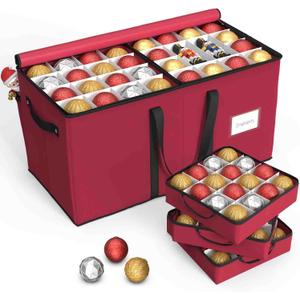 Sunvigor Christmas Ornament Storage Box with 8 Trays, Fits 128 Holiday Ornament Christmas Storage Container with Adjustable Dividers, Dual Zippers, 600D Oxford Christmas Decorations Storage(Rose Red)
