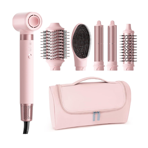 MESCOMB 6 in 1 Hot Air Styler Wrap, Professional Hair Styler with Thermal Round Brush for Blowouts, Fast Drying for Blow Dry, Curling, Volumizing, Straightening, Salon Results in Minutes (Light Pink)