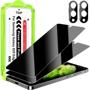 Esanik [2+2 Pack for Samsung Galaxy S25 Edge 6.7'' Privacy Screen Protector  Anti-Spy Tempered Glass & Camera Lens Cover, Military-Grade 9H Hardness, Anti-Scratch, Flawless Fit Tray