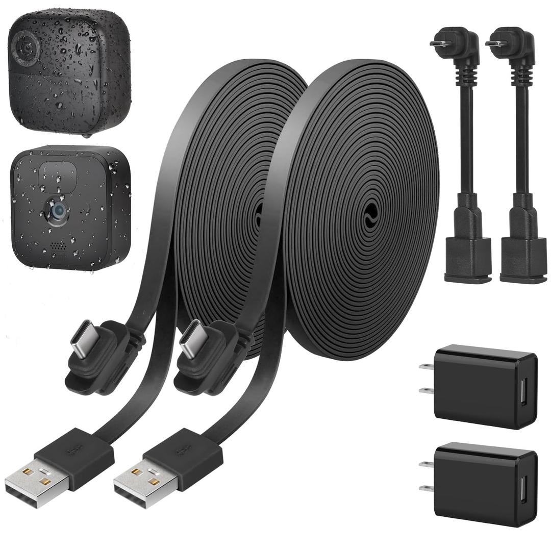 delilyn 2Pack Weatherproof 30ft/9m Power Cable for Blink Outdoor 4 (4th Gen), Blink Outdoor/Indoor (3rd Gen)&Blink XT/XT2, Flat Extension Charger Cable with Adapter, Extra Type C to Micro USB Adapter