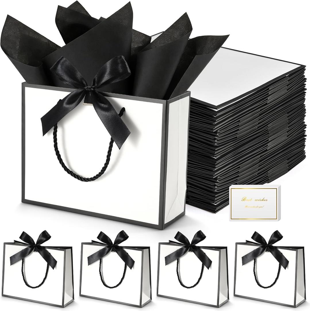 DOYIDE 50 Pcs Thank You Gift Bags with Tissue Paper, 9x7x3.1in Gift Wrap Bags with Handles and Bow Ribbon, Thank You Bag for Valentine Wedding Birthday Bridesmaid Holiday Party Favors (White and Black)