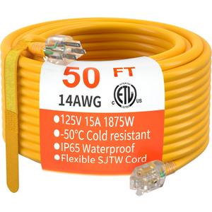 HUANCHAIN 50 ft 14/3 Gauge Heavy Duty Outdoor Extension Cord Waterproof with Lighted, Flexible Cold Weather 3 Prong Electric Cord Outside, 15A 1875W 125V 14AWG SJTW, Yellow, ETL Listed