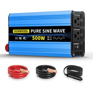 SUNWHEEL 500W 24V Pure Sine Wave Inverter, DC 24V to AC 110V/120V Car Power Inverter, Peak Power 1000W Car Plug Adapter Outlet Converter with Dual AC Sockets and LCD Display