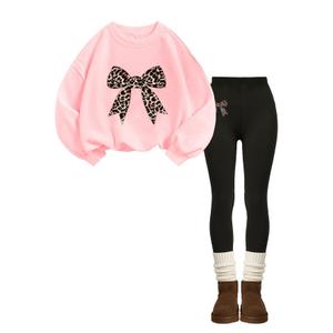 Girls Long Sleeve Sweatshirt 2 Piece, Bow Graphic Top and Pants Spring Fall Fashion Casual Clothes, Size 12Y