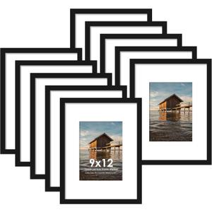 9x12 Picture Frame Sef of 10, Display Pictures 6x8 with Mat or 9 x 12 Without Mat, Photo Frame Collage for Wall Gallery Decor, Wall Mounted, Black