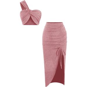 WDIRARA Women's 2 Piece Outfits One Shoulder Crop Tops and Side Split Bodycon Midi Skirt Set (Large, Coral Pink)