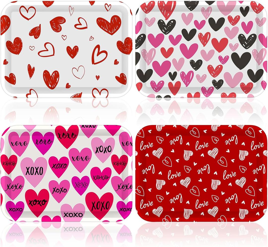 4 Pcs Valentine's Day Serving Tray 13 x 10 Inch Heart Reusable Serving Platter Melamine Dessert Plate Dish for Valentine's Day Party Decorations Supplies