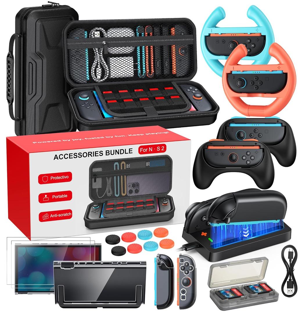 Switch 2 Accessories Bundle, 20 in 1 Game Kits, Hard Shell Carrying Case, Switch 2 Controller Charger, Screen Protector,Grips for Joy Con,Steering Wheels for Mario Kart, Clear Protective Cover CaseGift Pack (Carbon Black, Switch 2 7.9 Inch)