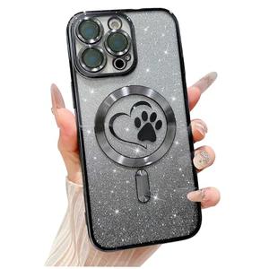 Weonmov for iPhone 16 Pro Case, Glitter Clear Cute Paw Love Heart, Compatible with MagSafe, Strong Magnetic Full Camera Lens Protection Cover, Soft Slim Bling Phone Case 6.3" - Black