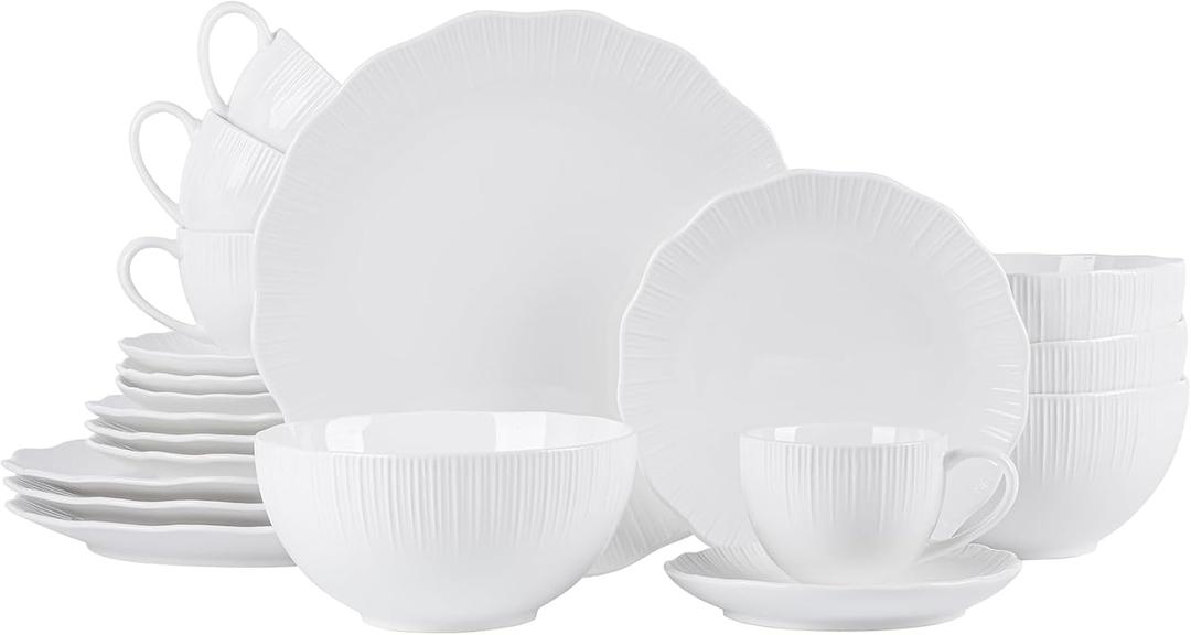 20 Pce Porcelain Dinnerware Set, Embossed Ceramic Cups, Saucers, Plates and Bowls, Microwave and Dishwasher Safe, Service Dining Dish Set for 4 (White, QOMO-1996)