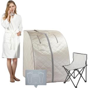 Smartmak Far Infrared Sauna, Full Body One Person Portable SPA Set with Time & Tempreture Remote Control, Heating Foot Pad and Foldable Reinforced Chair (L 27.6 x W 31.5 x H 37.8)- Beige