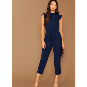 WDIRARA Sleeveless Mock Neck Ruffle Trim Belted Cropped Jumpsuit Romper, Size M