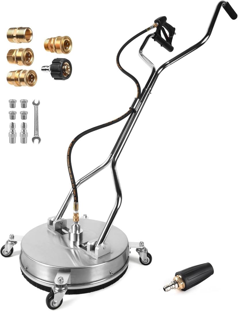 16.5" Pressure Washer Surface Cleaner with 4 Wheels Dual Handle Stainless Steel Power Washer Surface Cleaners 3/8", 1/4"QC, M22-14/15 Interfaces 5PCS Hose Adapters for Cleaner Lane, Driveway, Terrace