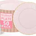 YOUBET 50 Pack Pink Scalloped Plastic Plates - 10.25 Inch Pink Disposable Plates - High End Elegant Vintage Dinner Plate for Party & Weeding & Birthday Easter Mothers Day