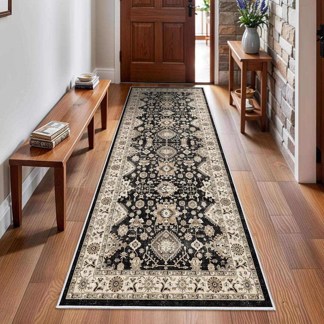 Washable Hallway Runner Rug 3x8: Non Slip Runner Rugs with Rubber Backing Soft Kitchen Rug Farmhouse Distressed Carpet Runner for Living Room Bedroom Bathroom (Black, 3X8)