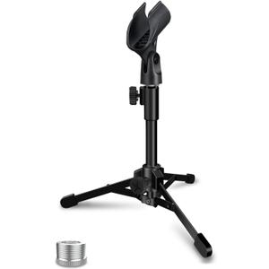 Desktop Mic Stand Portable Foldable Tripod with Mic Clip Holder and 5/8" Male to 3/8" Female Screw Adjustable Microphone Stand.