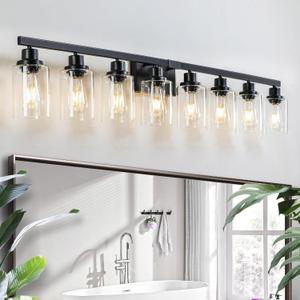 8 Light Bathroom Vanity Lights Over Mirror, 52inch Black Vanity Lights Fixtures Matte Black Modern Vanity Lights Black Bathroom Wall Lighting for Mirror Bedroom,Living Room
