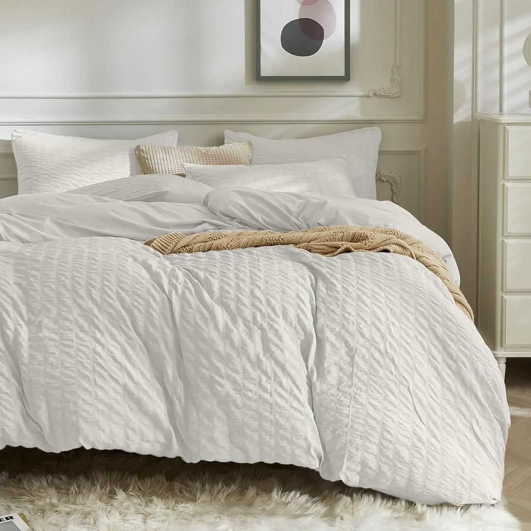 JELLYMONI Beige Duvet Cover Twin Size, 3pcs Washed Microfiber Bedding Set, Soft Breathable Seersucker Duvet Cover Set with Zipper Closure and Corner Ties for All Seasons (Twin(68"90"))