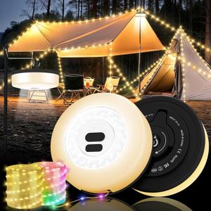 Camping String Lights, 4 in 1 Quick Storage Camping Essentials Gear 32.8FT Rechargeable Tent Lights with 9 Modes Warm +RGB Waterproof Camp Lamp for Camping Hiking Patio Garden Halloween Xmas Decor