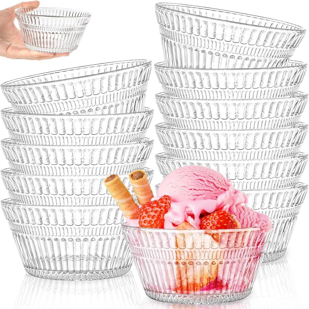 12 Pack Small Glass Bowls Set, 12 Oz Fluted Prep Dessert Bowls for Kitchen, Stackable Snack Serving Bowls Side Dishes for Ice Cream, Dipping, Yogurt, Cereal, Candy