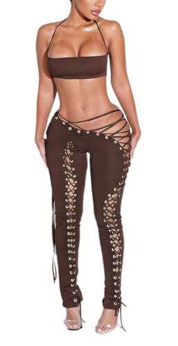 NIFTRIRY Sexy Club Outfits for Women Two Piece Set Halter Tube Tops High Waist Lace-Up Pants Matching Sets Size S