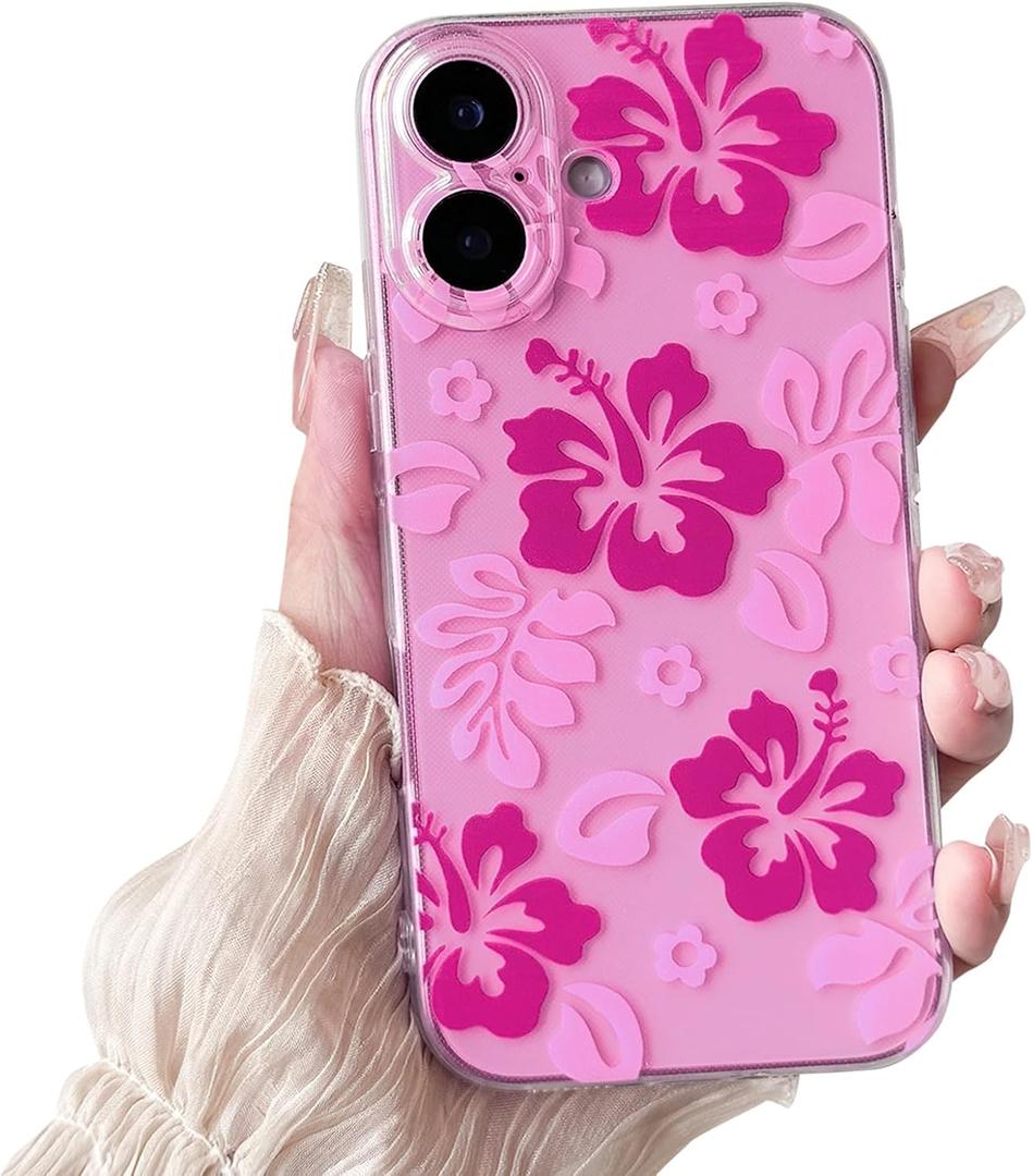 Lovmooful Compatible for iPhone 16 Case Cute Clear Hibiscus Flower Floral Aesthetic Printed Design for Girls Women Soft TPU Shockproof Protective Girly for iPhone 16-Hot Pink