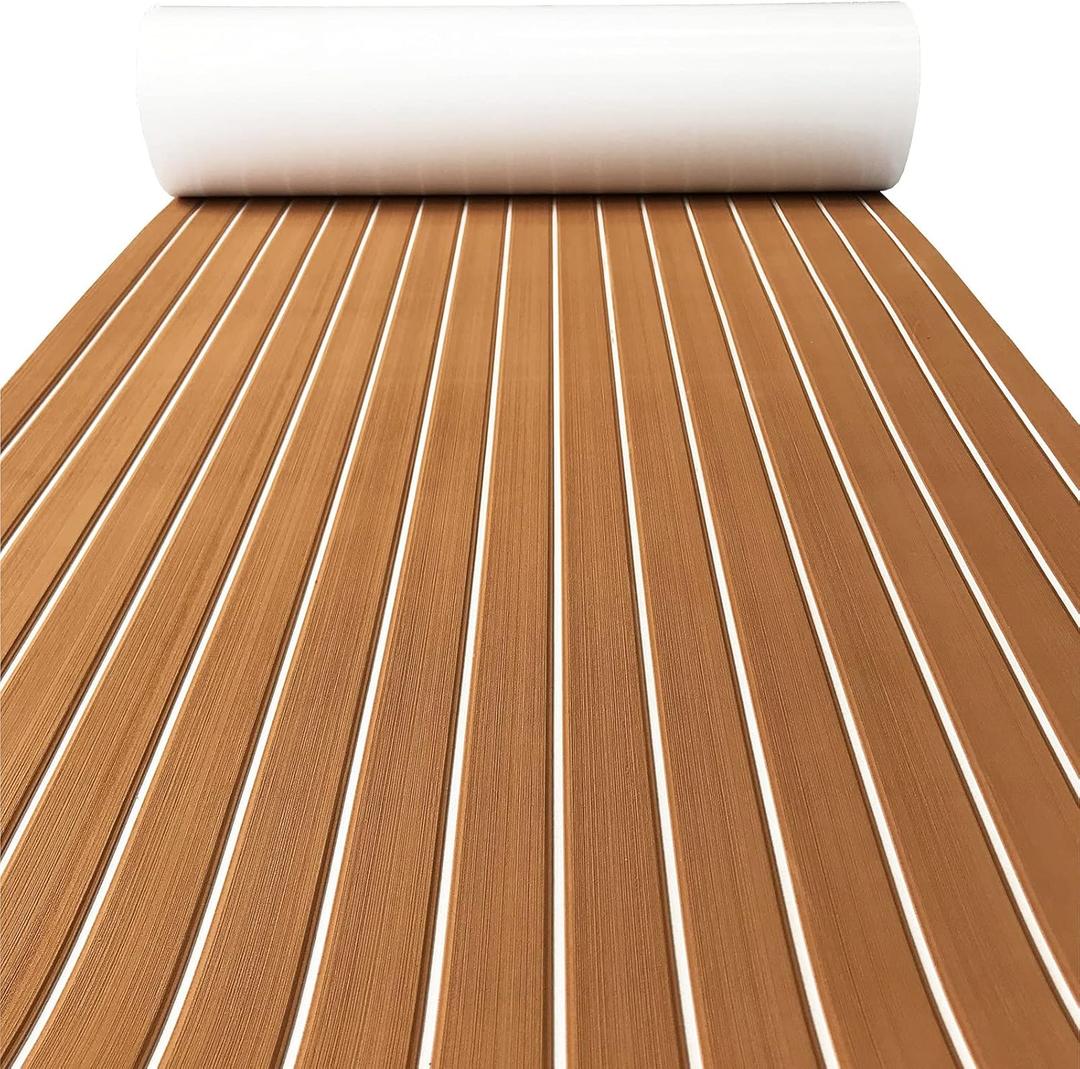 KXKZREN Boat Flooring EVA Foam Decking Sheet Faux Teak Marine Mat Marine Carpet Cooler Tops Non-Slip Self-Adhesive Flooring for Motorboat RV Yacht Kayak Swim Platform 94" x 47"/44"/35"/23"/16" (44" x 94", Brown With White Seam Lines)