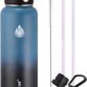 SENDESTAR Water Bottle 32oz Double Wall Vacuum Insulated Leak Proof Stainless Steel Sports Water BottleWide Mouth with New Flex Straw Lid & Spout Lid (Deep Blue&Black)