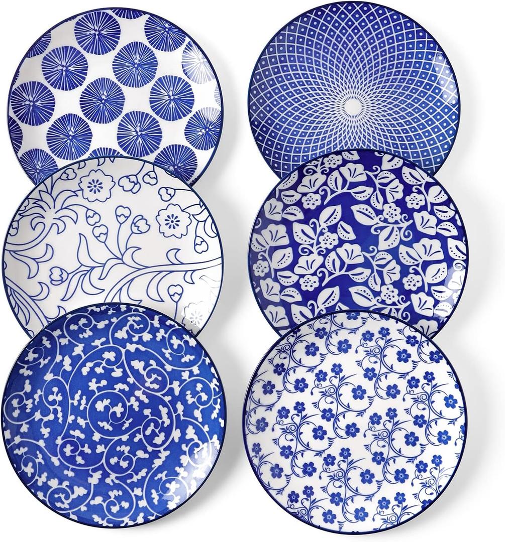 4 x Selamica Ceramic Dessert Plates Set of 6, 6 Inch Appetizer Plates for Kitchen, Microwave & Dishwasher Safe, Vintage Blue