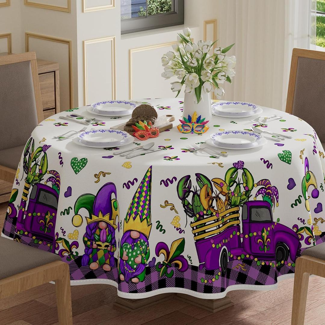 XCHI Purple Plaid Truck Gnomes Lobster Mardi Gras Tablecloth Round Carnival Table Cloth Washable Table Covers for Indoor Dining Home Party Decorations 70x70 Inch