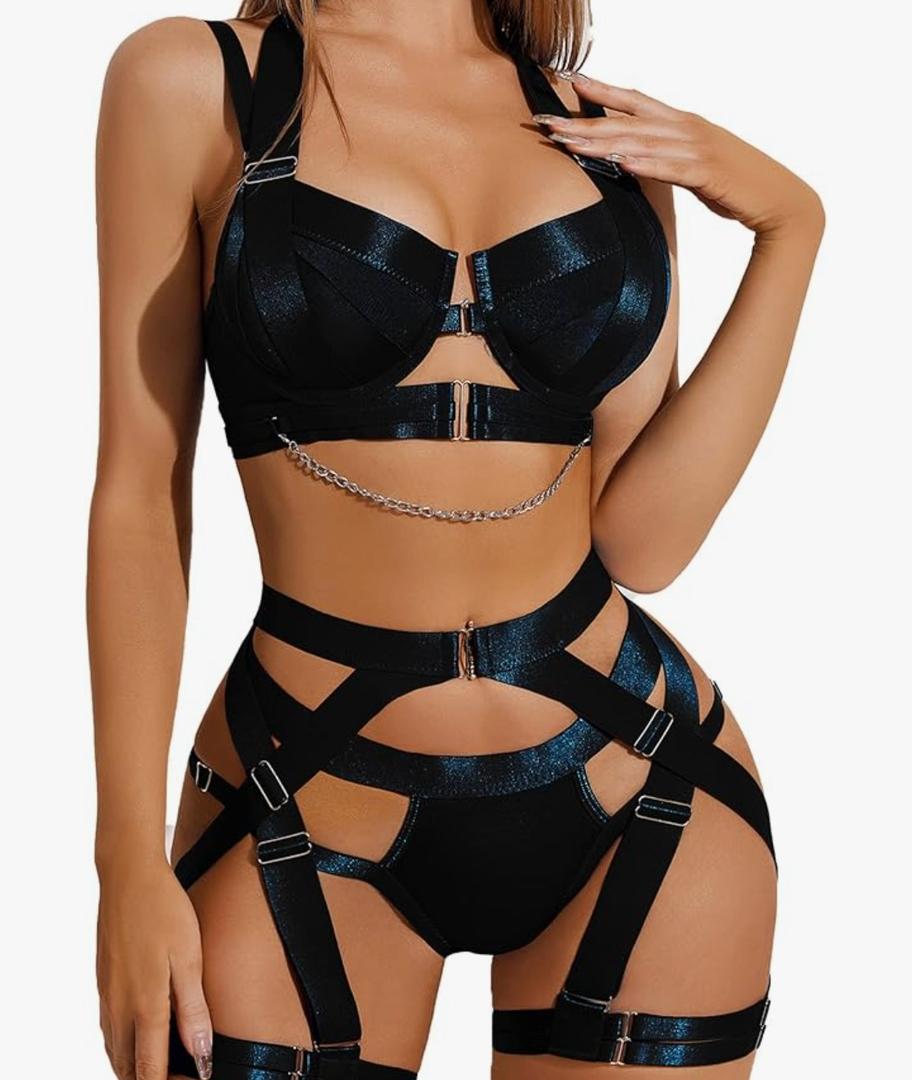 Avidlove Lingerie Set for Women Sexy Strappy Lingerie Underwire Push Up Bra Garter Set Lingerie with Chain XXL